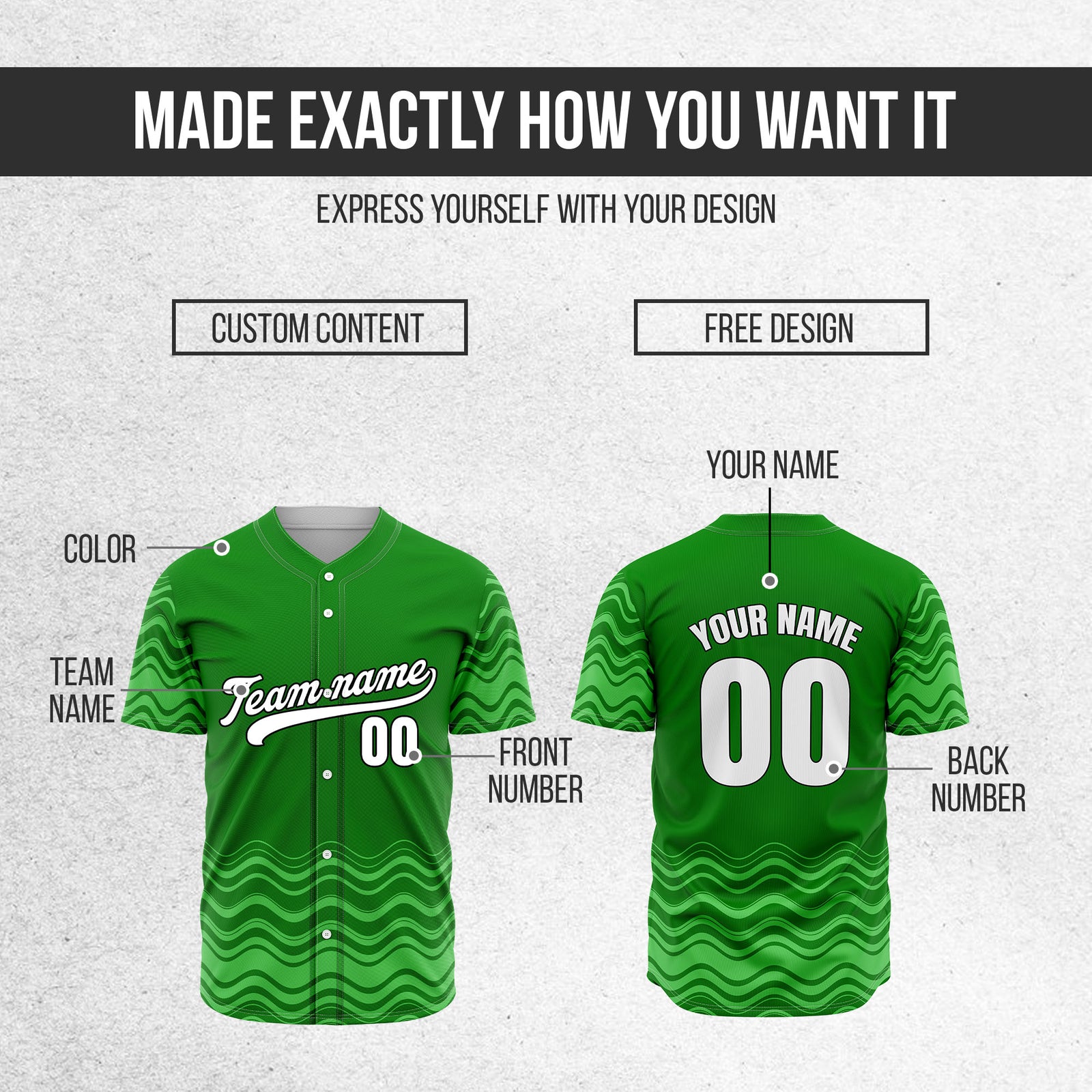 Custom Wave Green Baseball Sports Jerseys Personalized Uniform with Name & Number