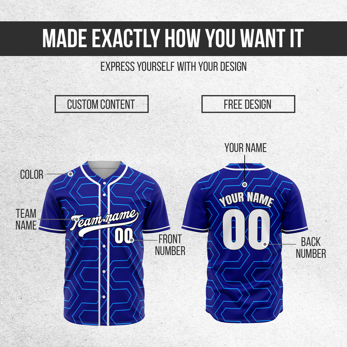 Custom Rhombus Rush Blue Baseball Sports Jersey Personalized Uniform with Name & Number