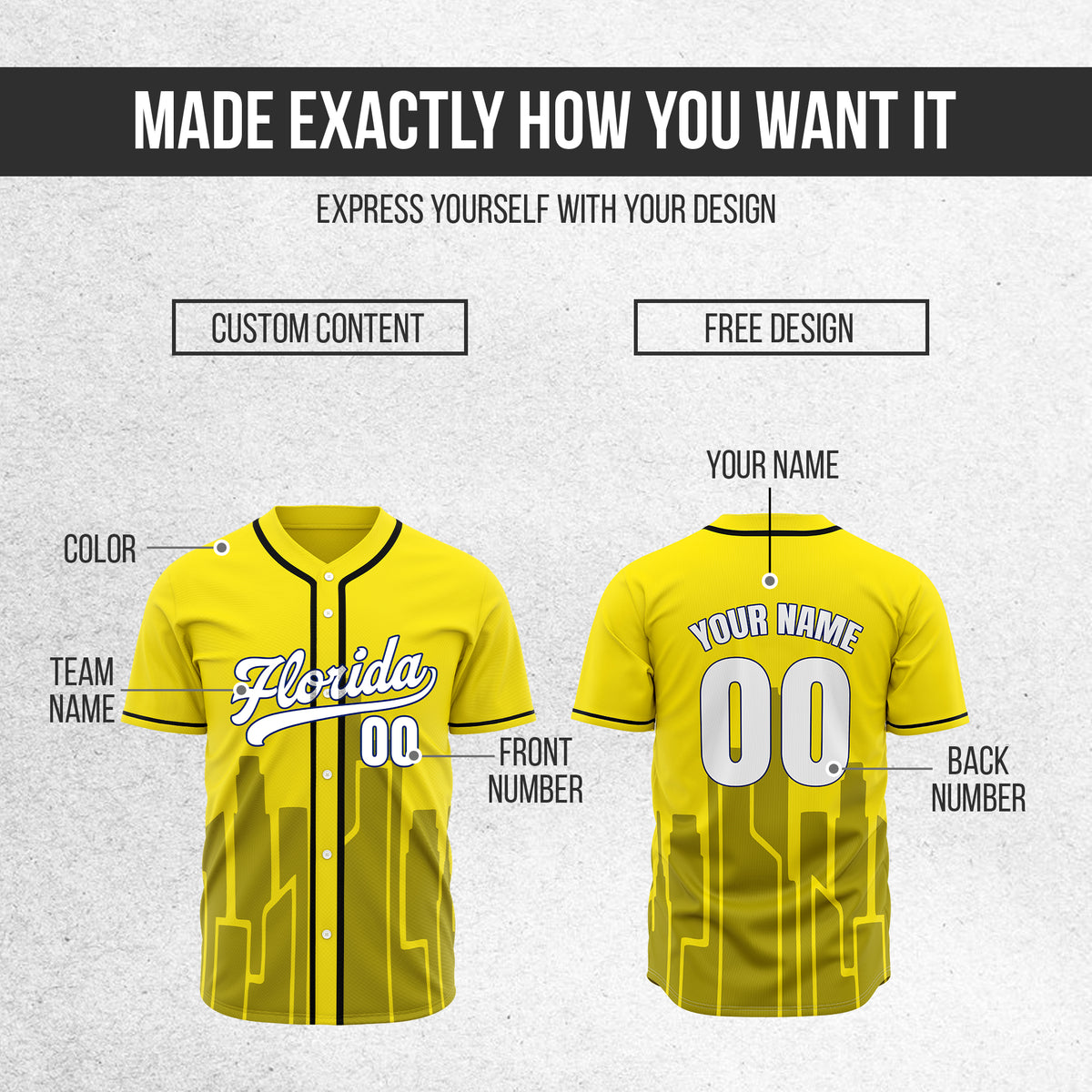 Custom City Flux Yellow Baseball Sports Jersey Personalized Uniform with Name & Number