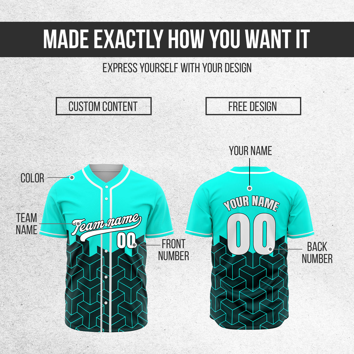 Custom Grid Iron Aqua Baseball Sports Jersey Personalized Uniform with Name & Number