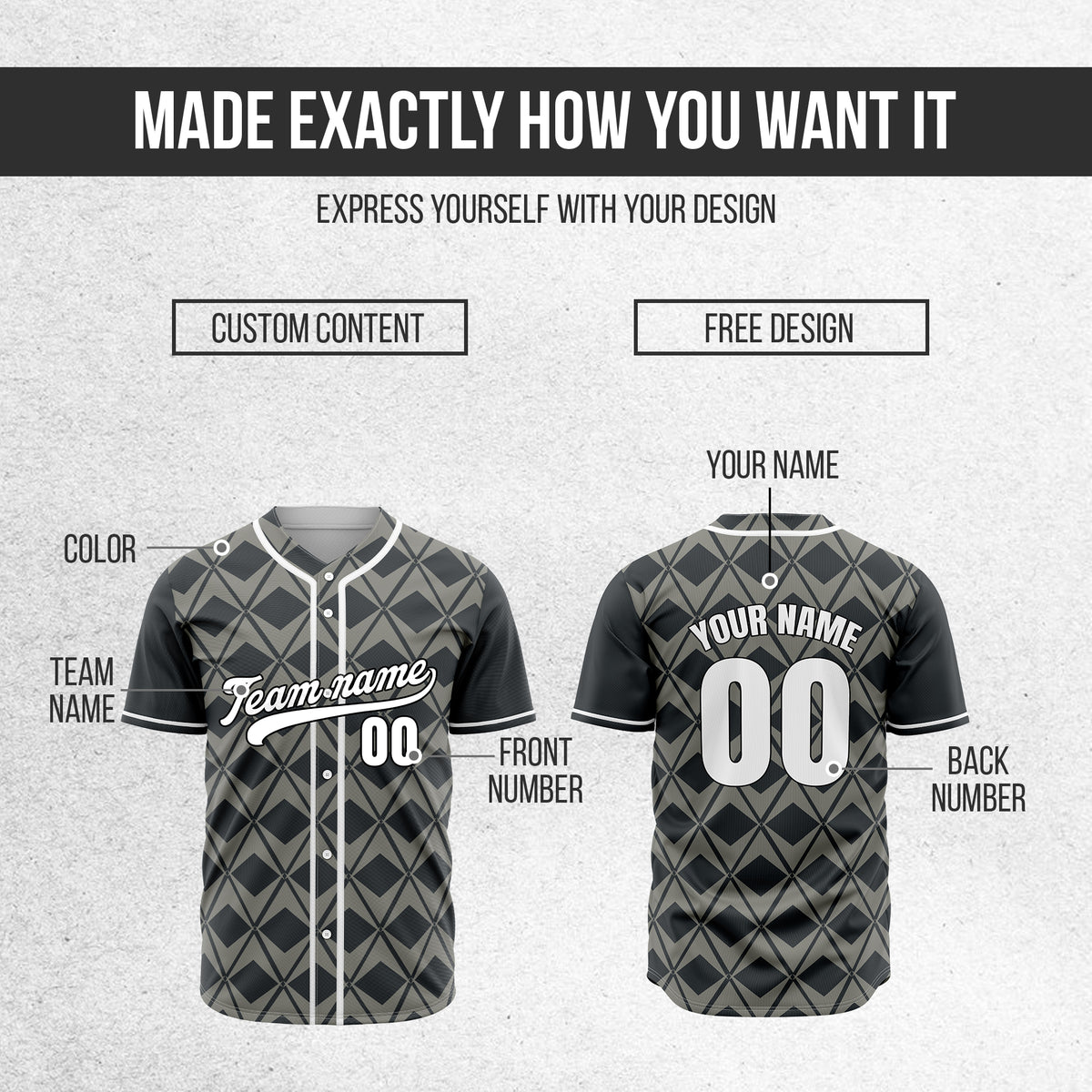 Custom Rhombus Blaze Dark Grey Baseball Sports Jersey Personalized Uniform with Name & Number