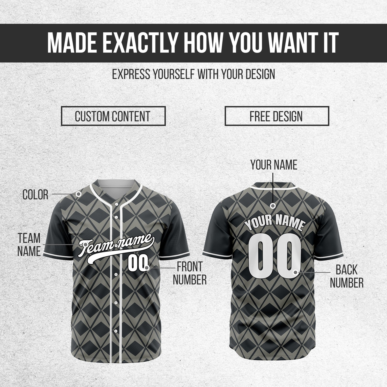Custom Rhombus Blaze Dark Grey Baseball Sports Jersey Personalized Uniform with Name & Number