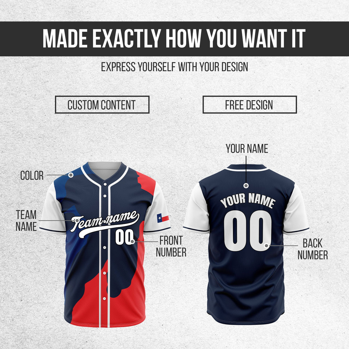Custom Texas Freedom Baseball Sports Jersey Personalized Uniform with Name & Number