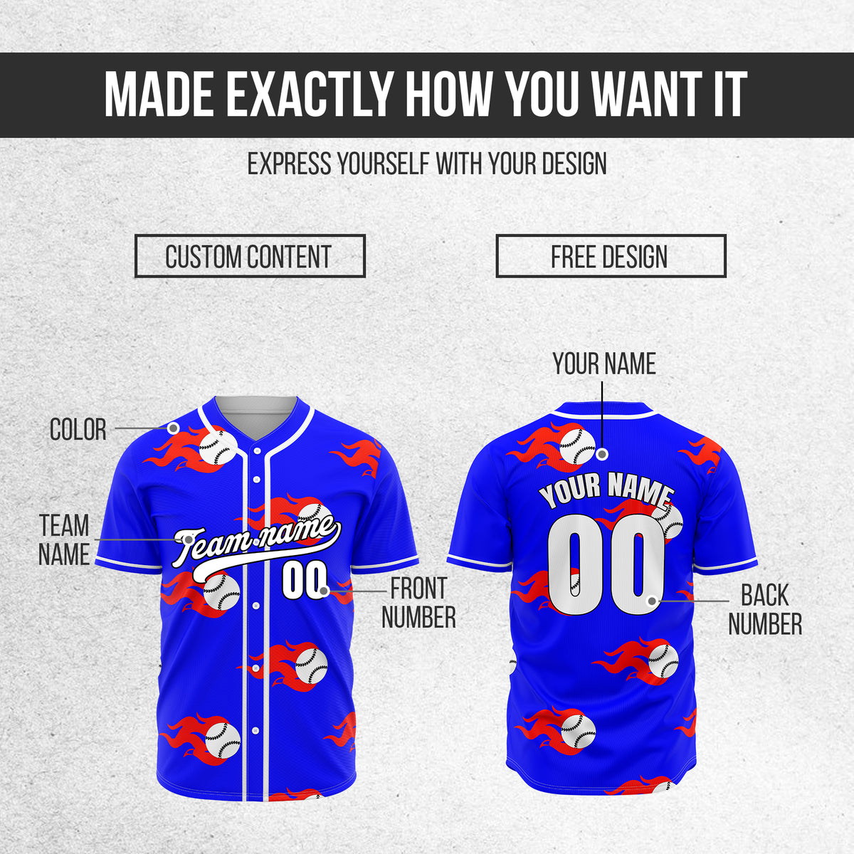 Custom Fireballers Blue Baseball Sports Jersey Personalized Uniform with Name & Number