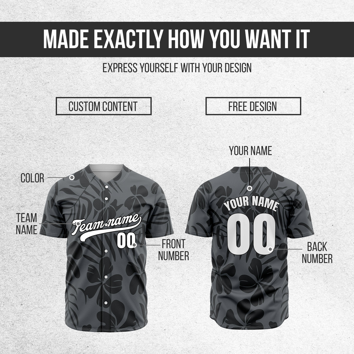 Custom Hawaiian Dark Grey Baseball Sports Jersey Personalized Uniform with Name & Number