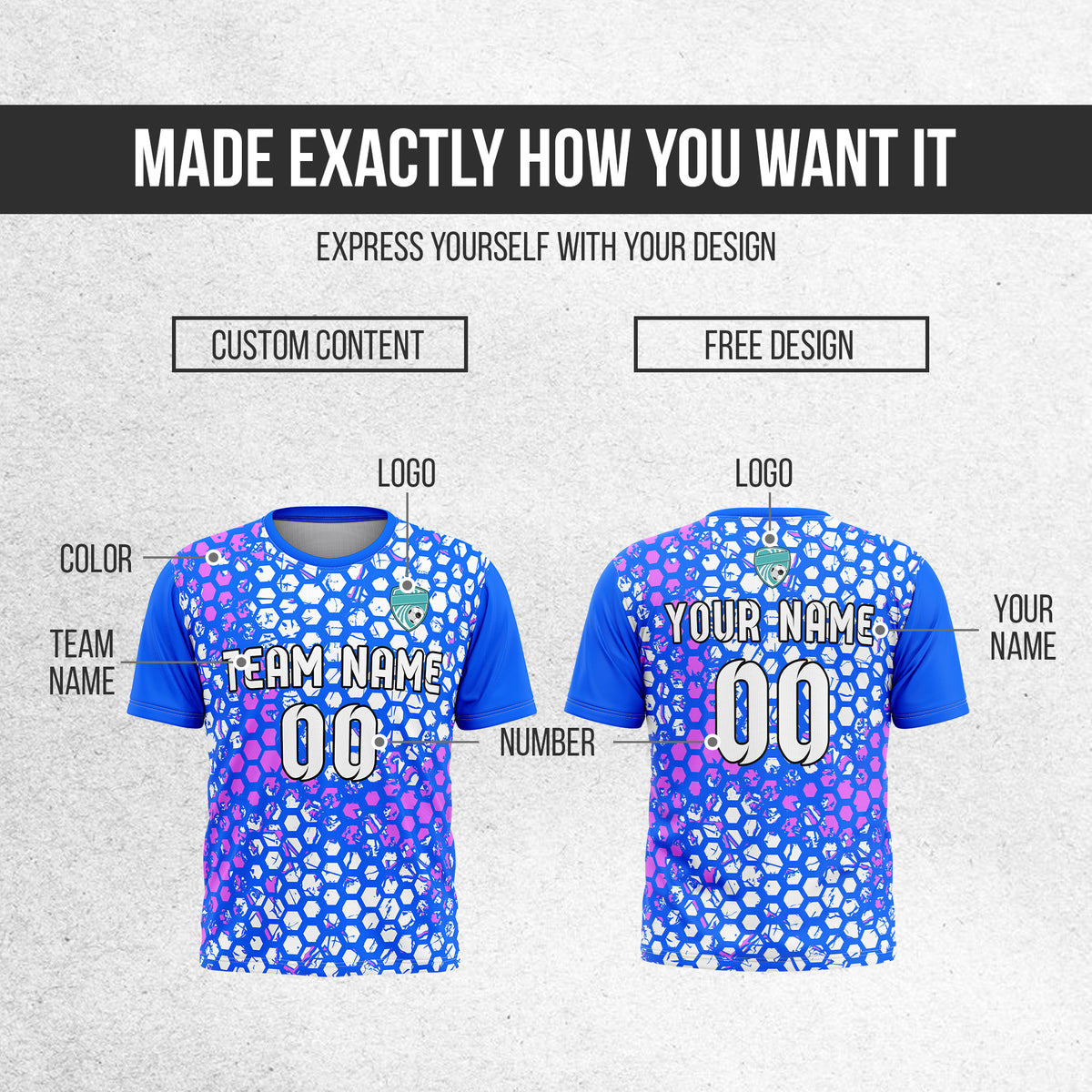 Custom Hex R-Full Pattern Soccer Blue Sport Tops Jersey