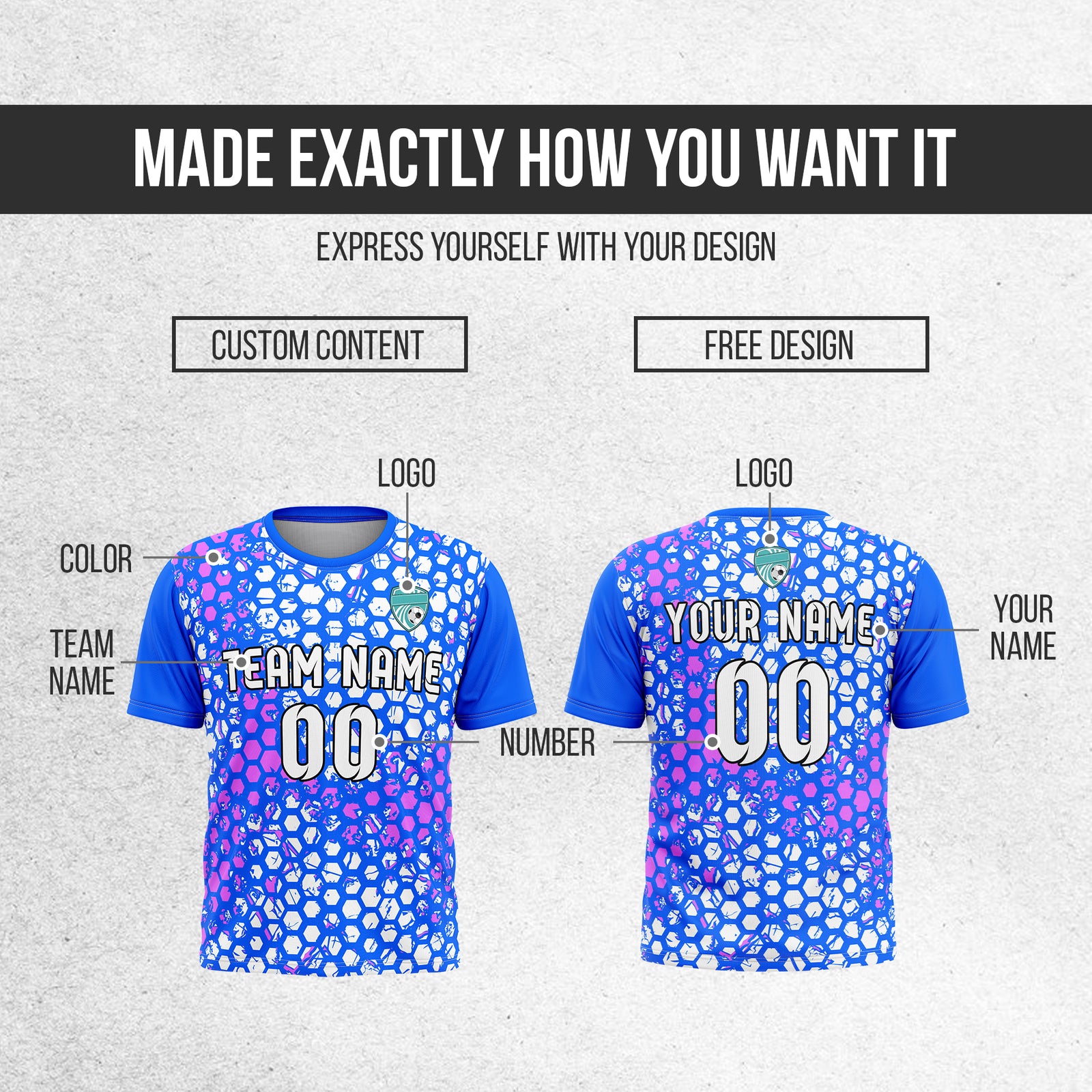 Custom Hex R-Full Pattern Soccer Blue Sport Tops Jersey
