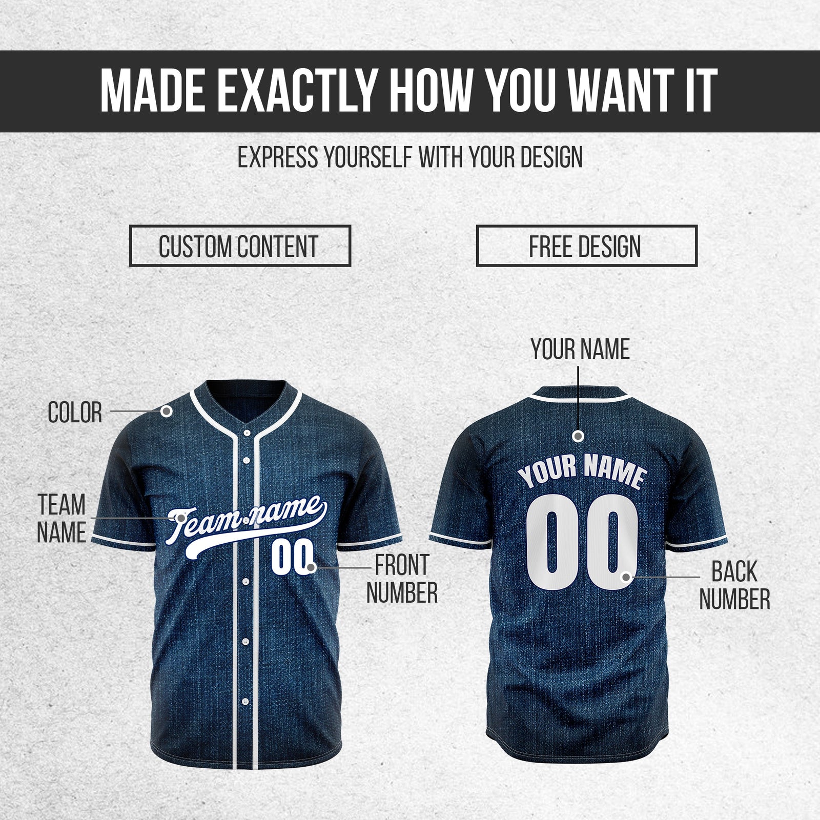 Custom Dugout Denim Baseball Sports Jersey Personalized Uniform with Name & Number