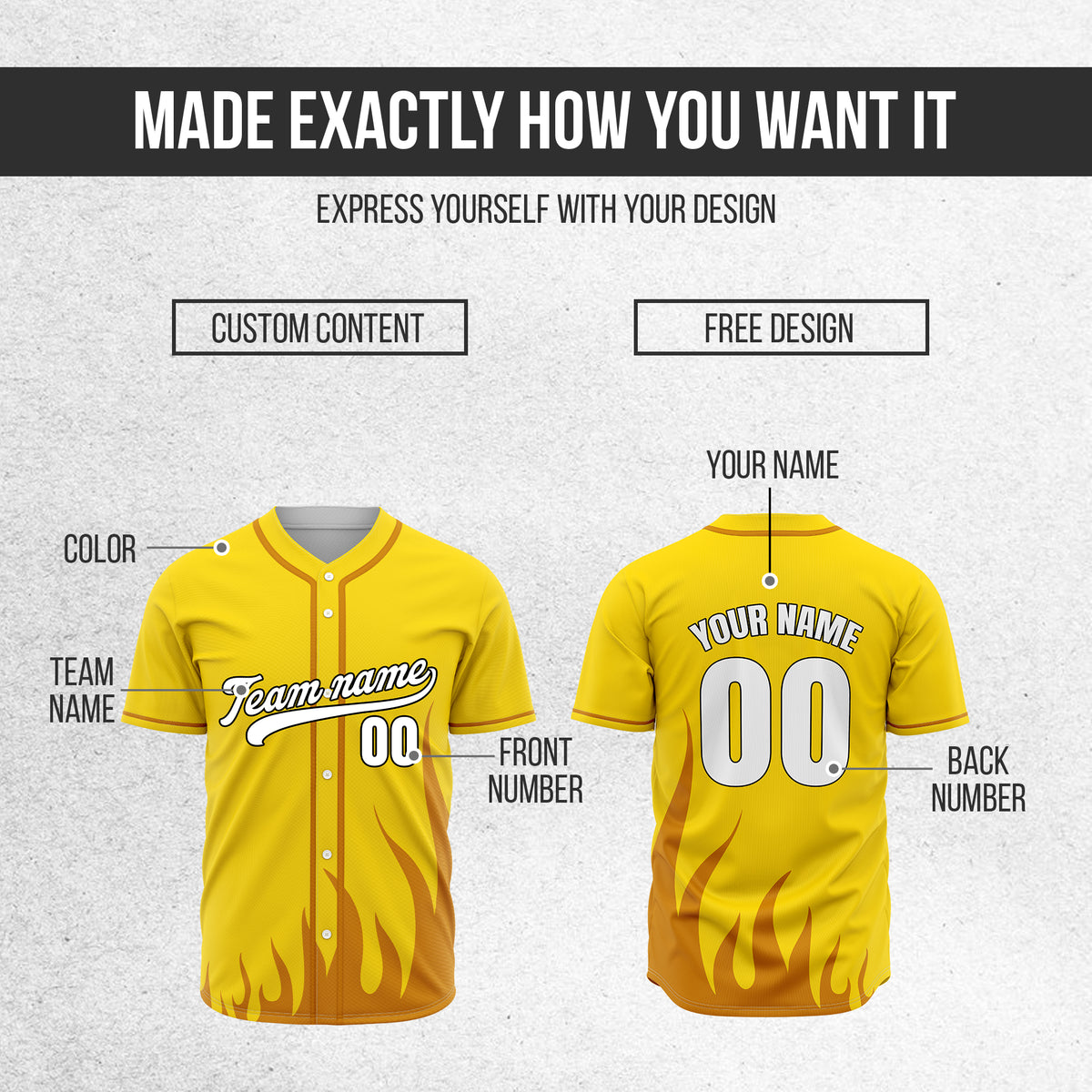 Custom Fire Pulse Yellow Baseball Sports Jersey Personalized Uniform with Name & Number