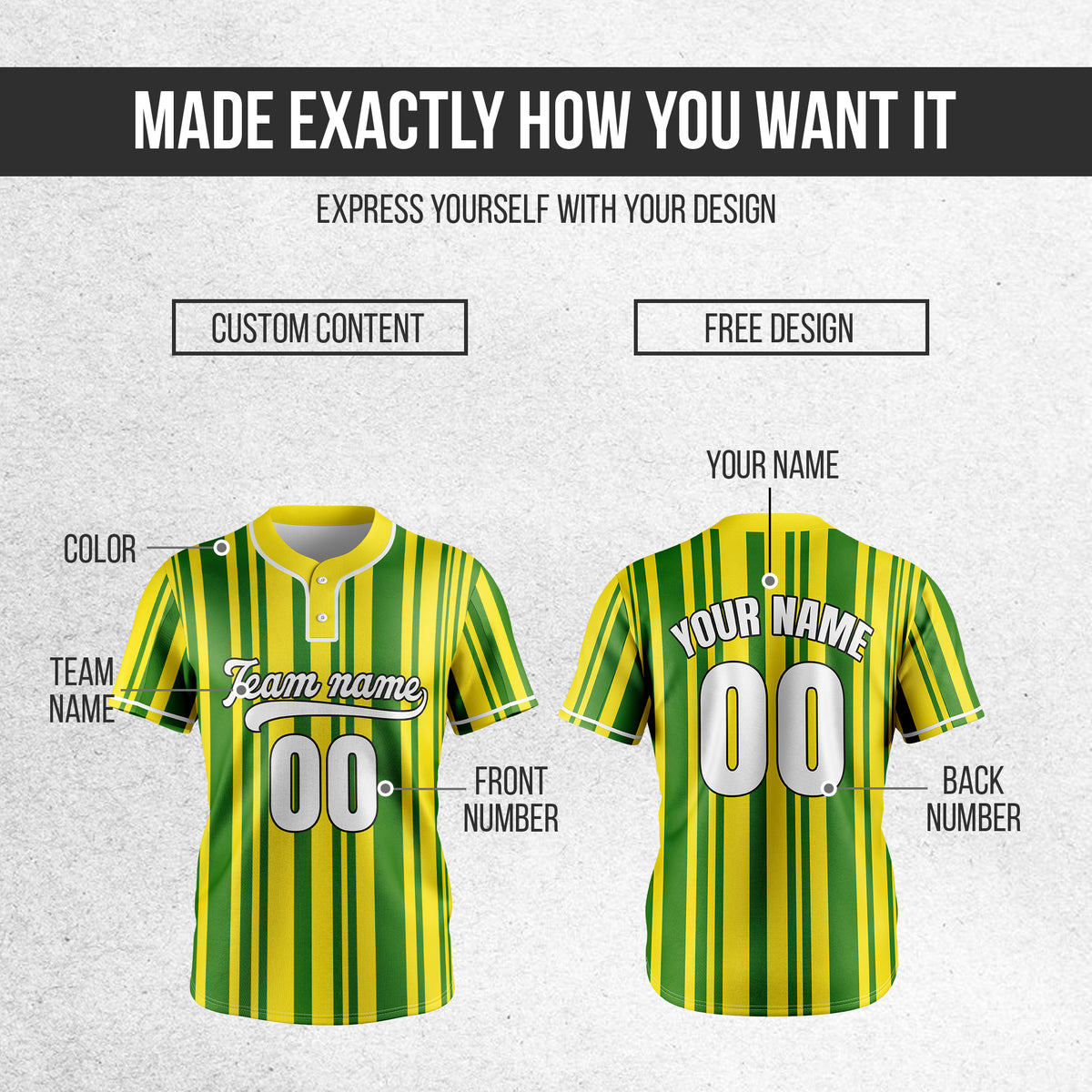 Custom Stripe Fusion Yellow Baseball Sports Jersey Personalized Uniform with Name & Number