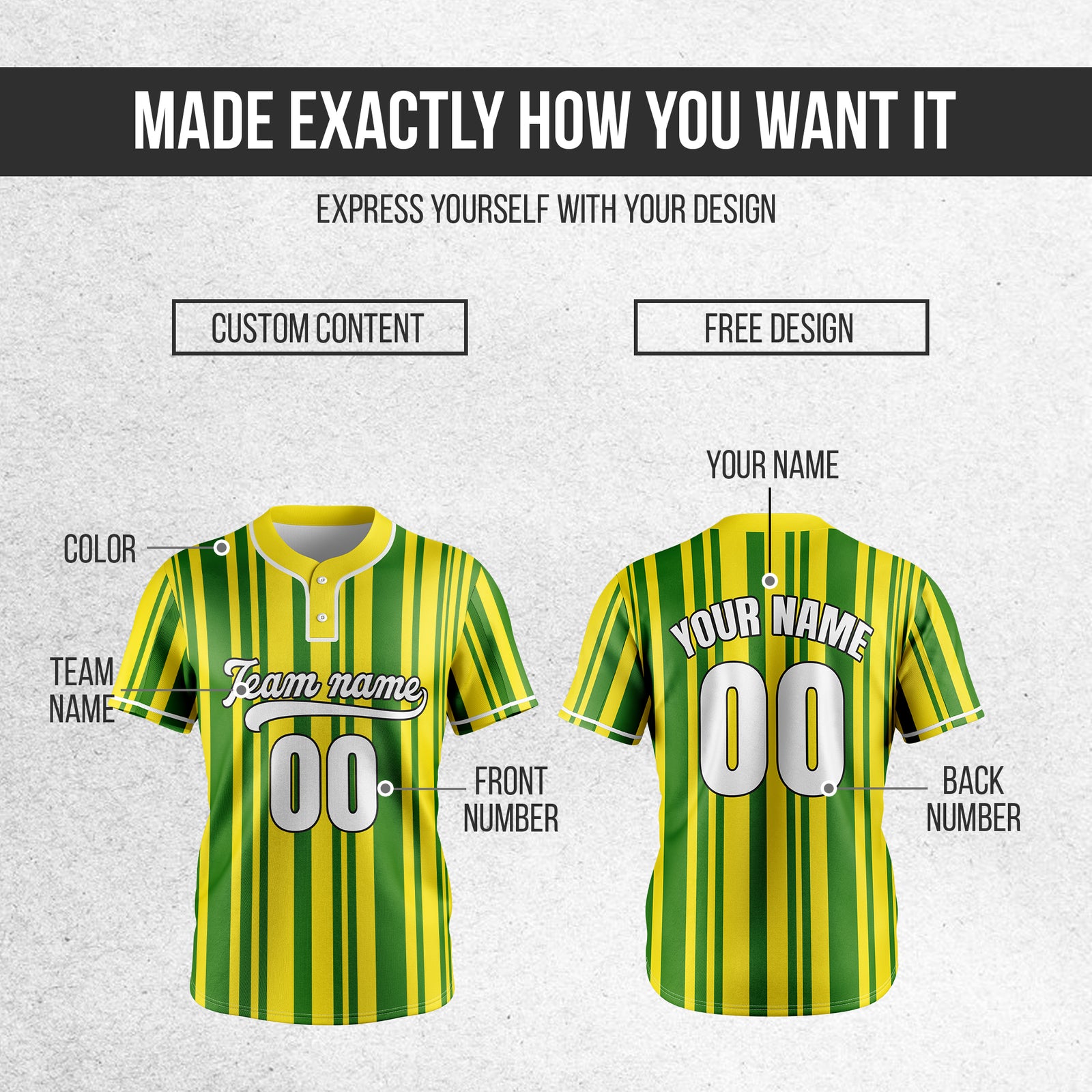 Custom Stripe Fusion Yellow Baseball Sports Jersey Personalized Uniform with Name & Number
