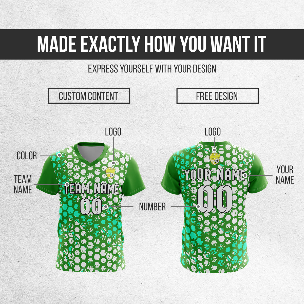 Custom Hex V-Full Pattern Green Soccer sport Tops Jersey