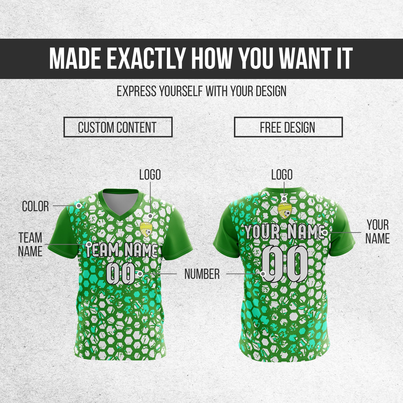 Custom Hex V-Full Pattern Green Soccer sport Tops Jersey