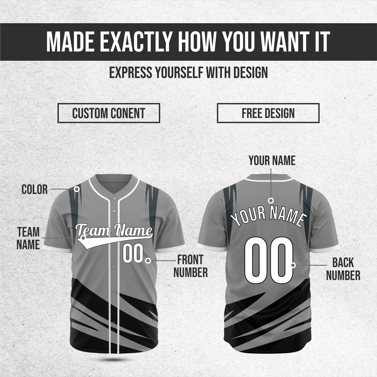 Custom Curve Edge Baseball Grey Sports Jersey Personalized Uniform with Name & Number