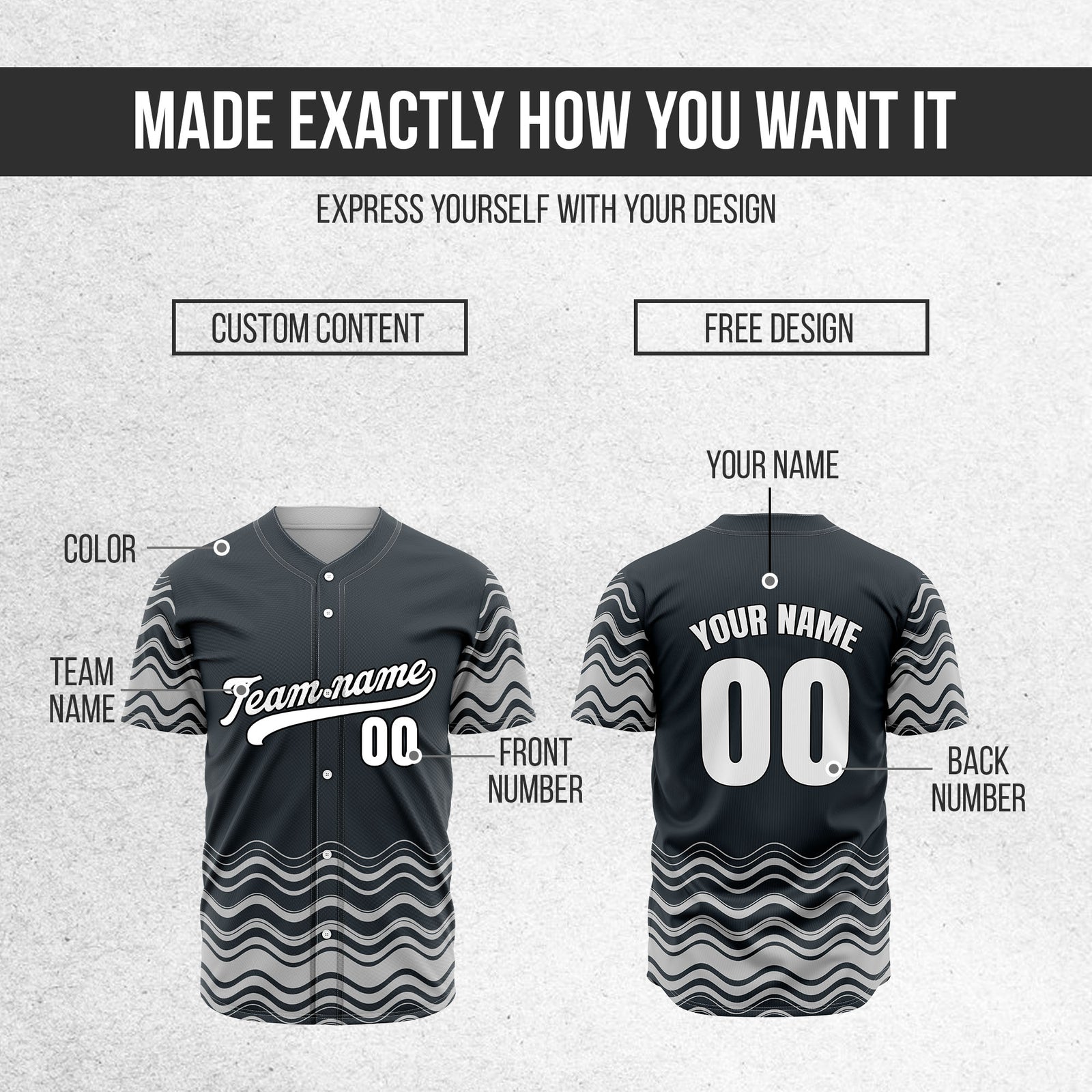 Custom Wave Grey Baseball Sports Jerseys Personalized Uniform with Name & Number