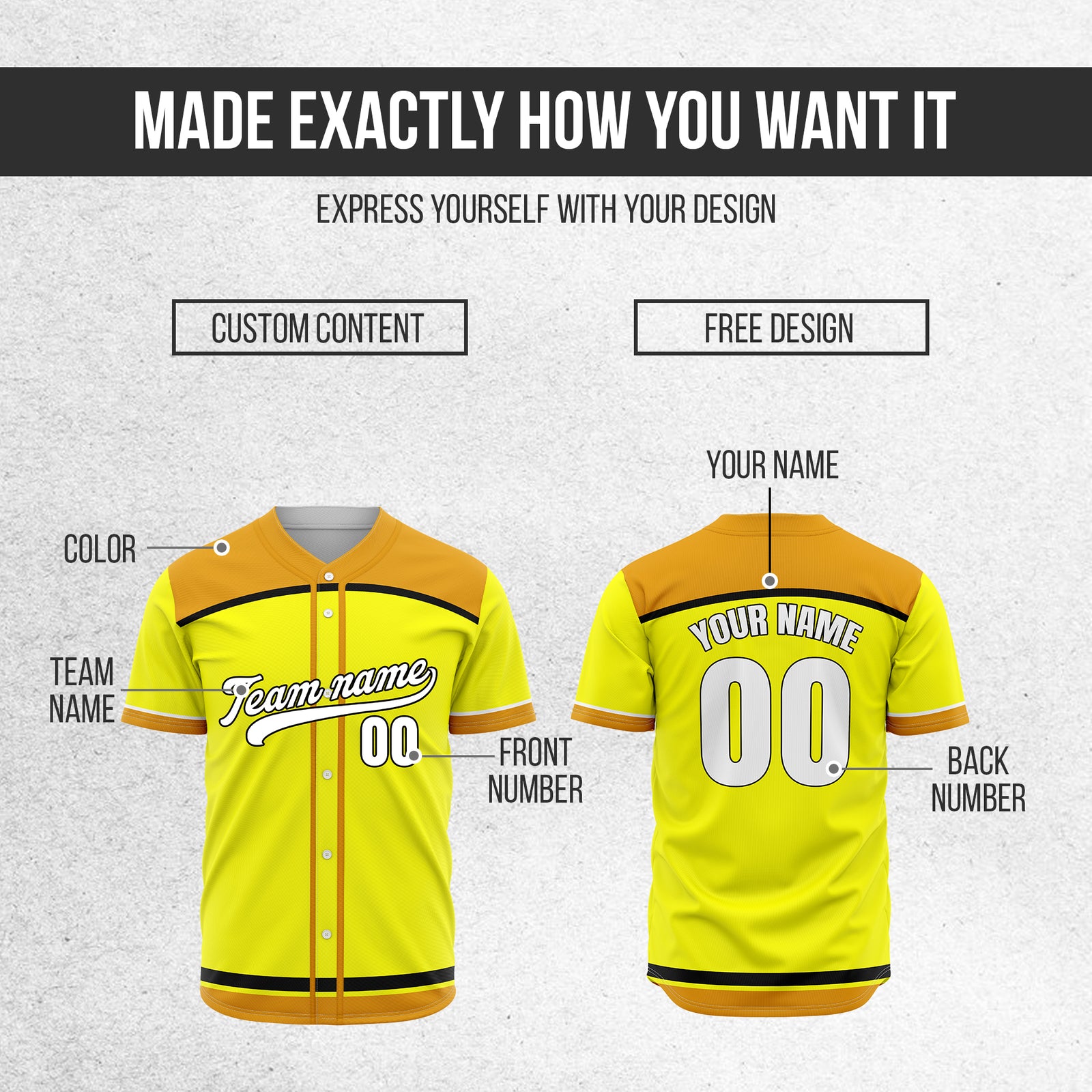 Custom Marquee Classic Baseball Yellow Sports Jersey Personalized Uniform with Name & Number