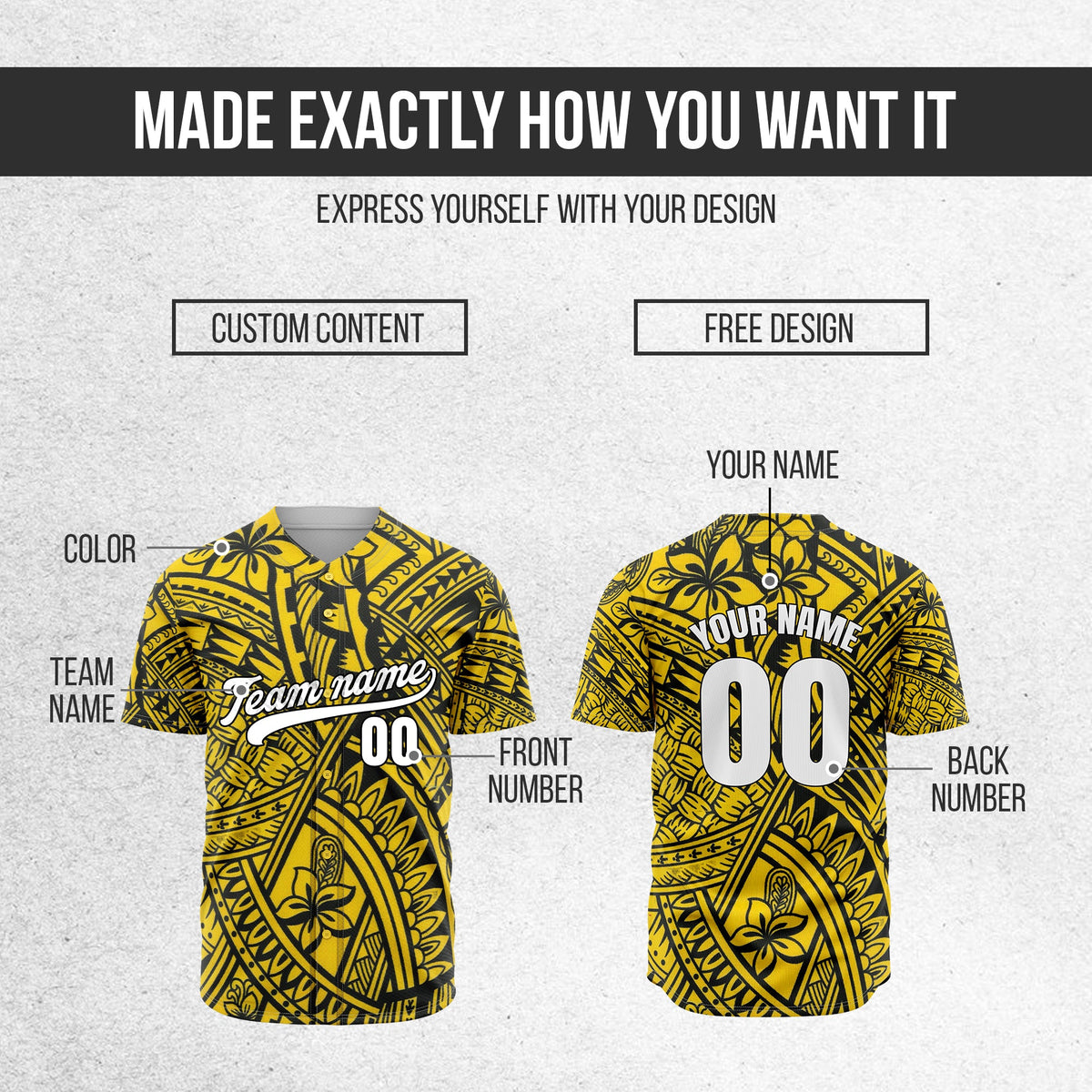 Custom Hawaiian Print Yellow Sports Jersey Personalized Uniform with Name & Number