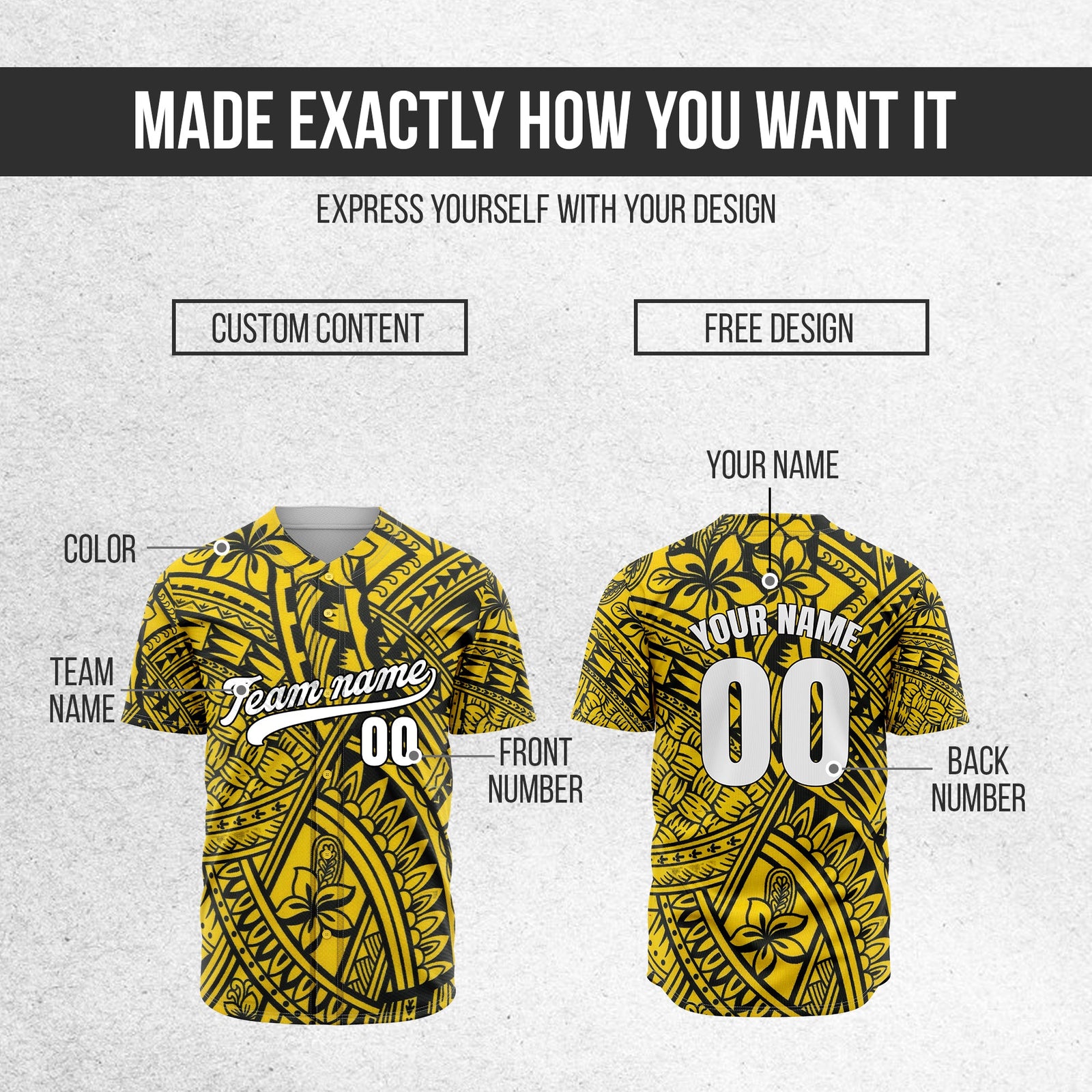 Custom Hawaiian Print Yellow Sports Jersey Personalized Uniform with Name & Number