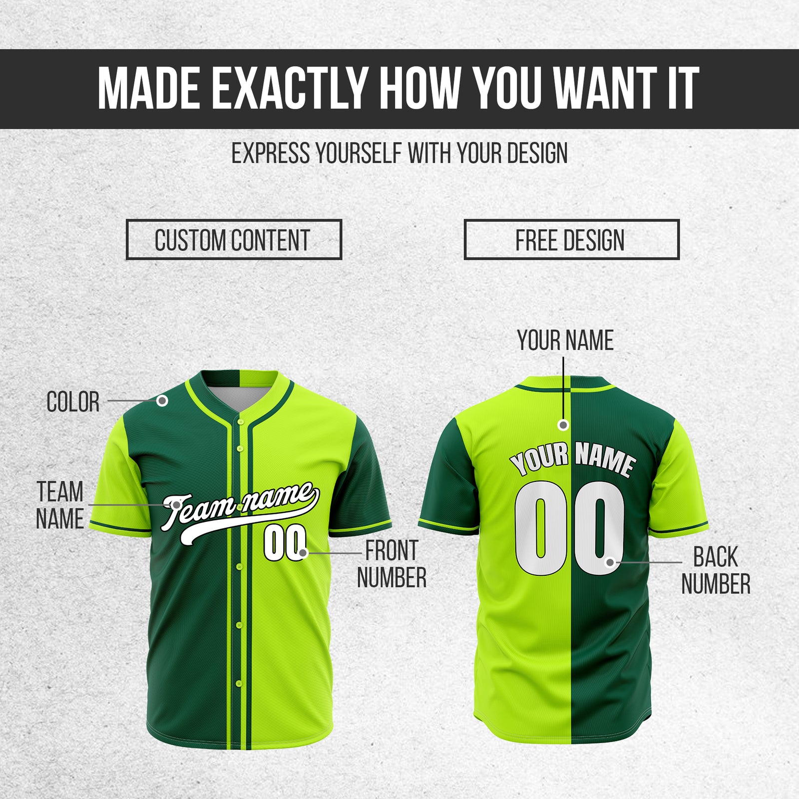Custom Split Baseball Neon Green Sports Jersey Personalized Uniform with Name & Number