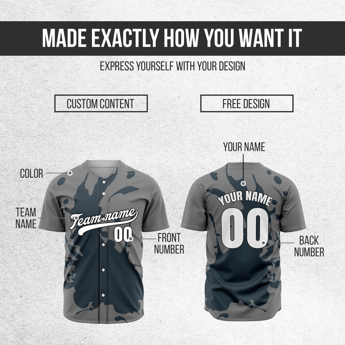 Custom Ink Splash Grey Baseball Sports Jersey Personalized Uniform with Name & Number