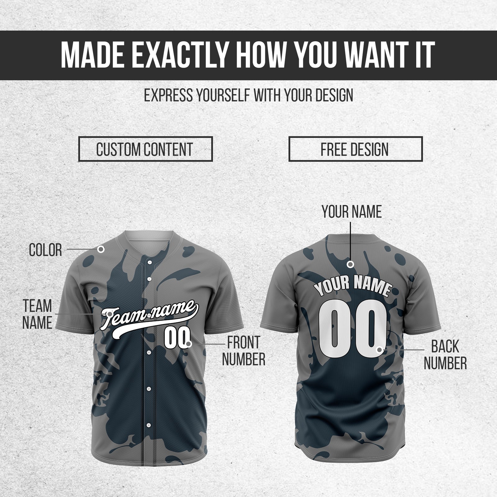 Custom Ink Splash Grey Baseball Sports Jersey Personalized Uniform with Name & Number