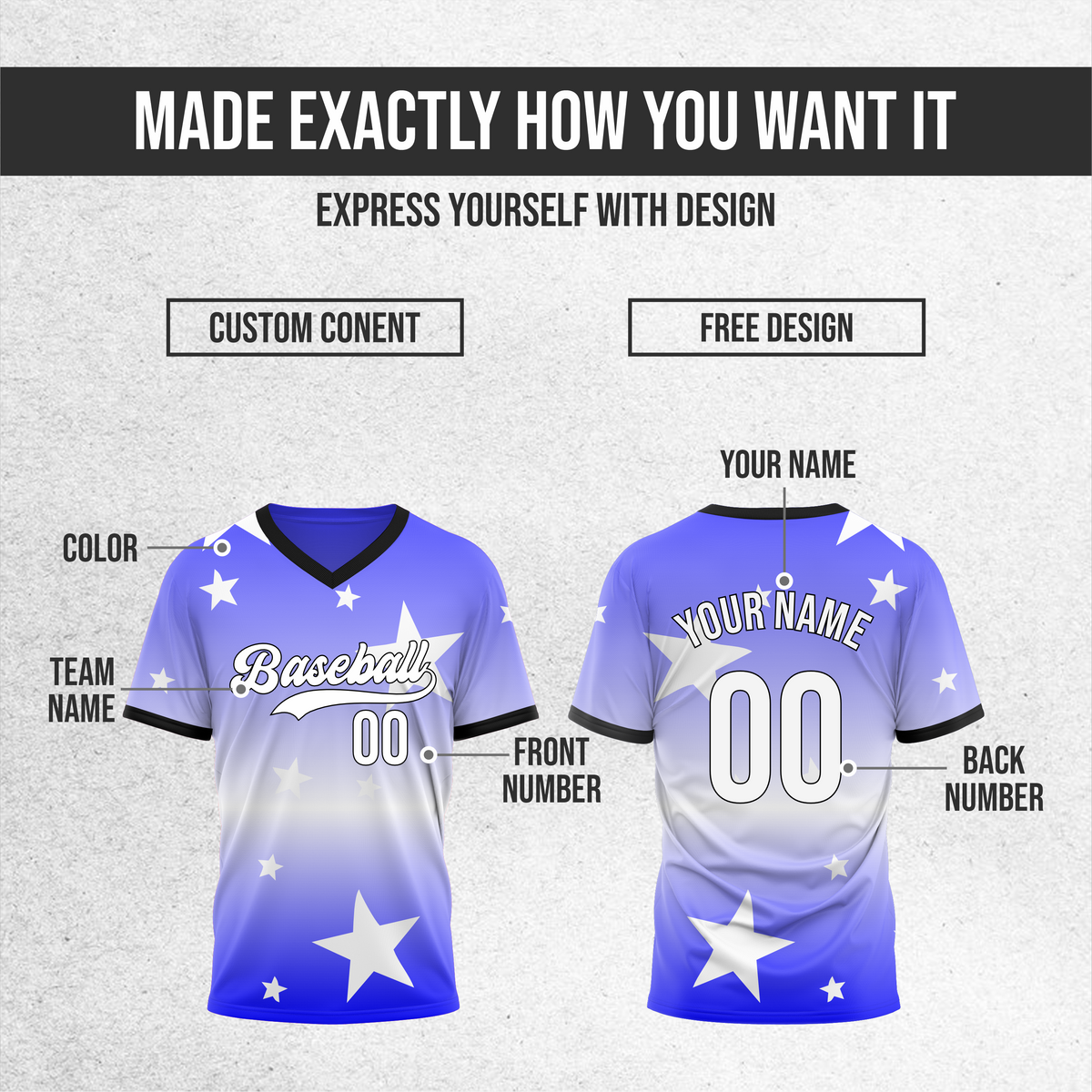 Custom Starfall Gradient Baseball Blue Sports Jersey Personalized Uniform with Name & Number