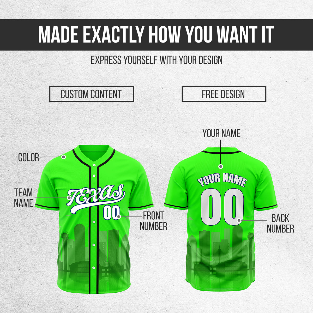 Custom City Lights Neon Green Baseball Sports Jersey Personalized Uniform with Name & Number