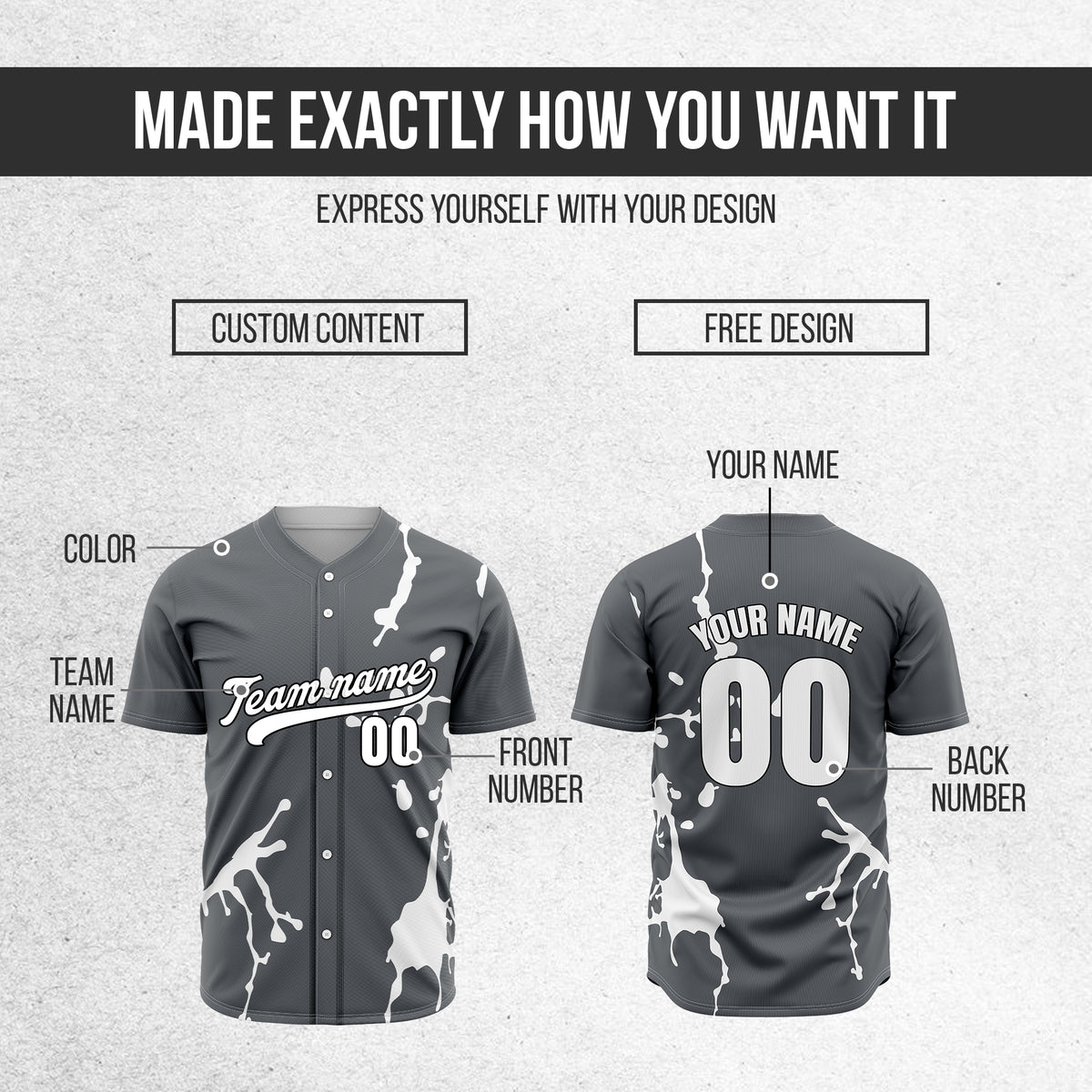 Custom Ink Paint Pop Dark Grey Sports Jersey Personalized Uniform with Name & Number