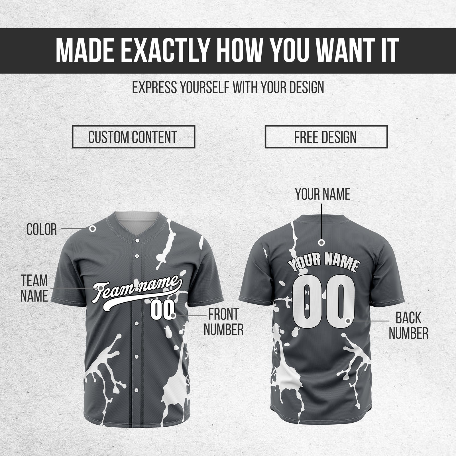 Custom Ink Paint Pop Dark Grey Sports Jersey Personalized Uniform with Name & Number