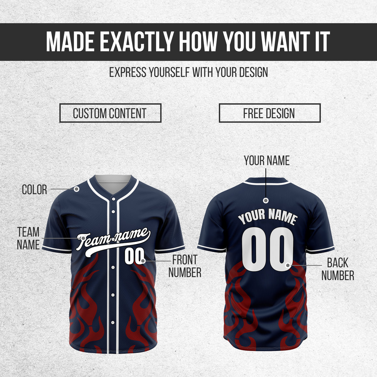 Custom Shadow Flames Navy Baseball Sports Jersey Personalized Uniform with Name & Number