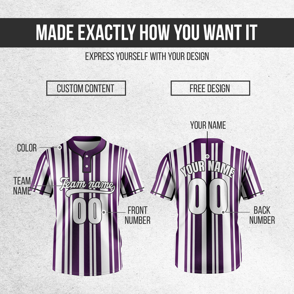 Custom Stripe Fusion Purple Baseball Sports Jersey Personalized Uniform with Name & Number