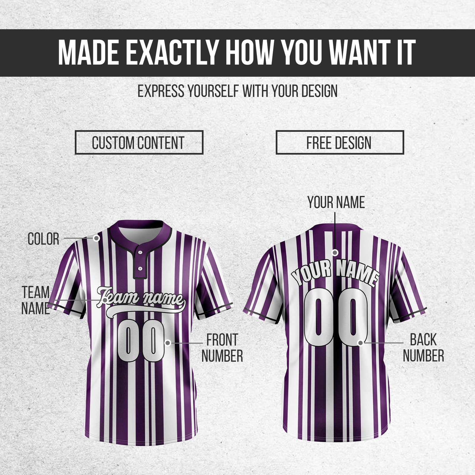 Custom Stripe Fusion Purple Baseball Sports Jersey Personalized Uniform with Name & Number