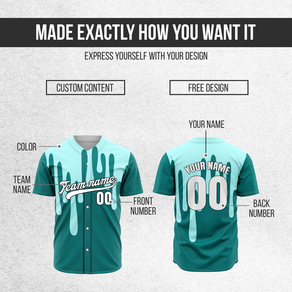 Custom Ink Drip Teal Sports Jersey Personalized Uniform with Name & Number
