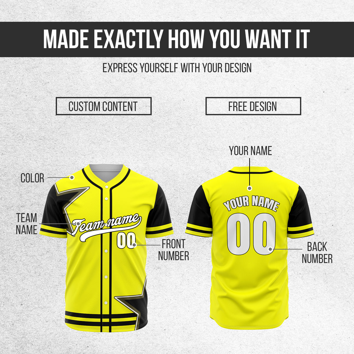 Custom Star Classic Baseball Yellow Sports Jersey Personalized Uniform with Name & Number