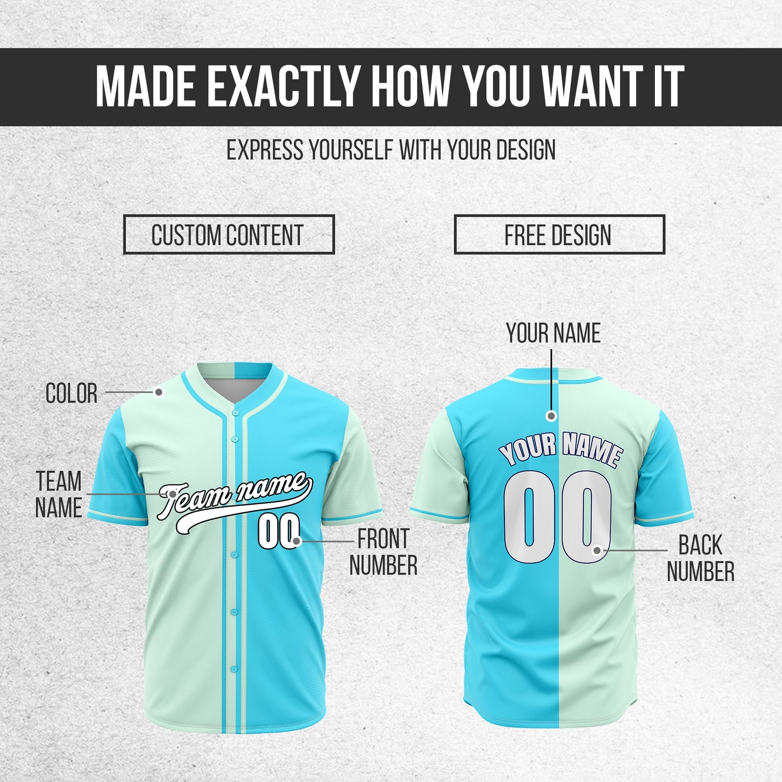 Custom Split Baseball Aqua Sports Jersey Personalized Uniform with Name & Number
