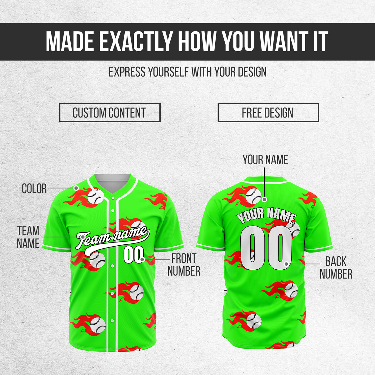 Custom Fireballers Neon Green Baseball Sports Jersey Personalized Uniform with Name & Number
