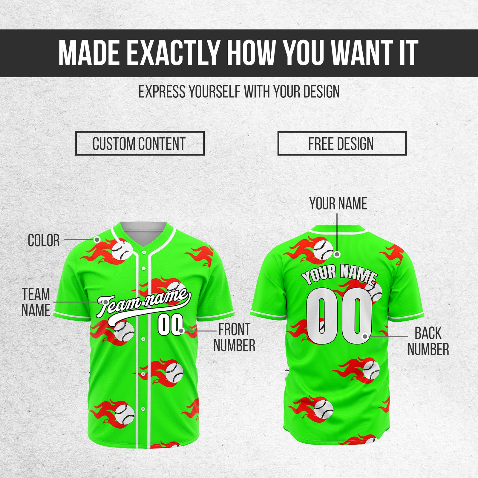 Custom Fireballers Neon Green Baseball Sports Jersey Personalized Uniform with Name & Number
