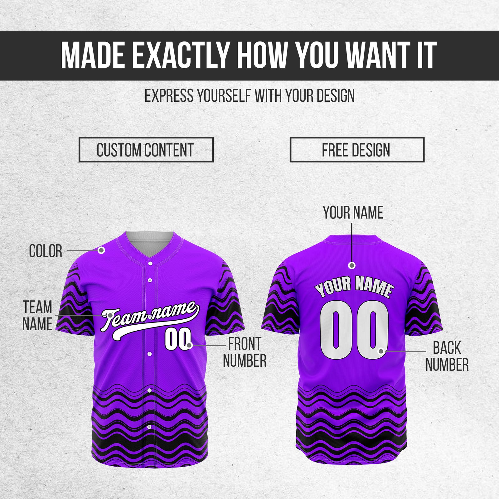 Custom Wave Purple Baseball Sports Jerseys Personalized Uniform with Name & Number