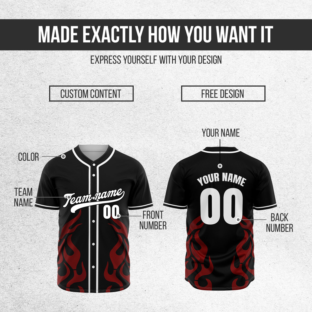 Custom Shadow Flames Black Baseball Sports Jersey Personalized Uniform with Name & Number