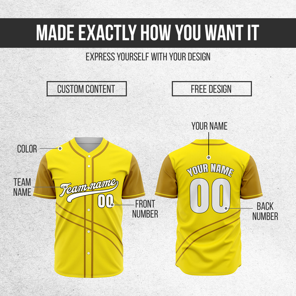 Custom Swift Yellow Raglan Style Baseball Sports Jersey Personalized Uniform with Name & Number