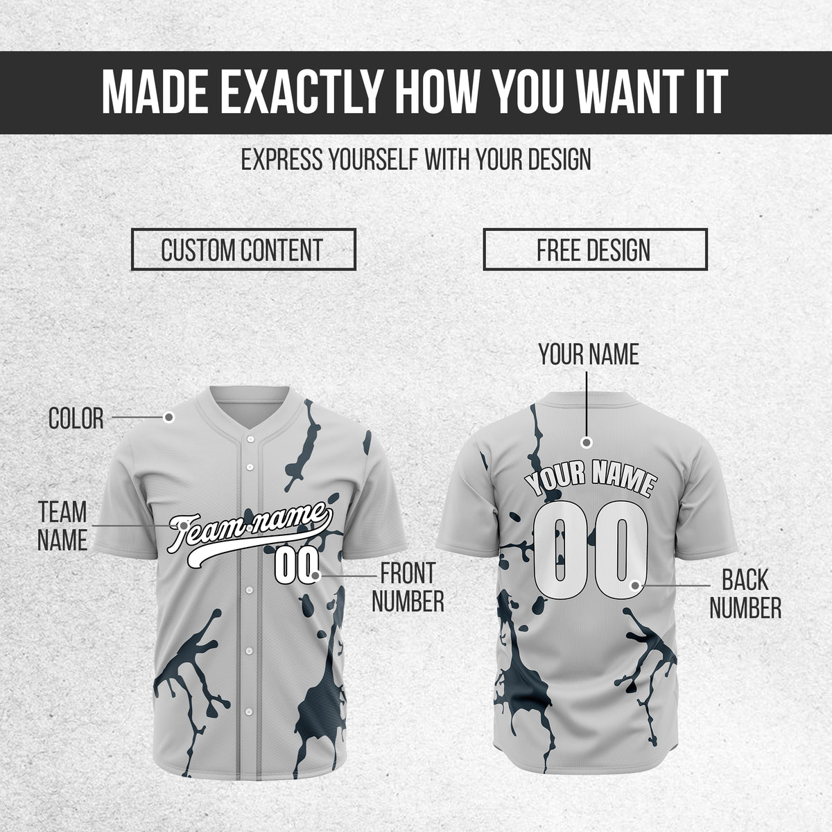 Custom Ink Paint Pop Grey Baseball Sports Jersey Personalized Uniform with Name & Number