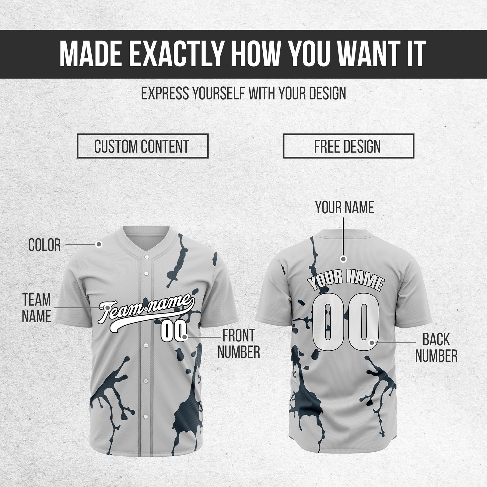 Custom Ink Paint Pop Grey Baseball Sports Jersey Personalized Uniform with Name & Number