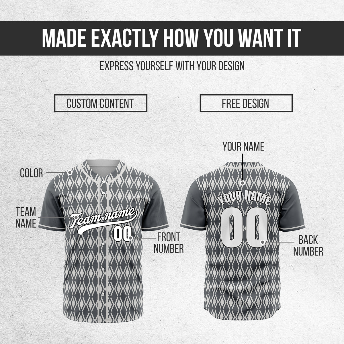 Custom Rhombic Edge Dark Grey Baseball Sports Jersey Personalized Uniform with Name & Number