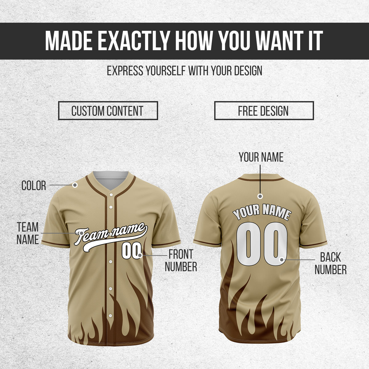 Custom Fire Pulse Khaki Baseball Sports Jersey Personalized Uniform with Name & Number