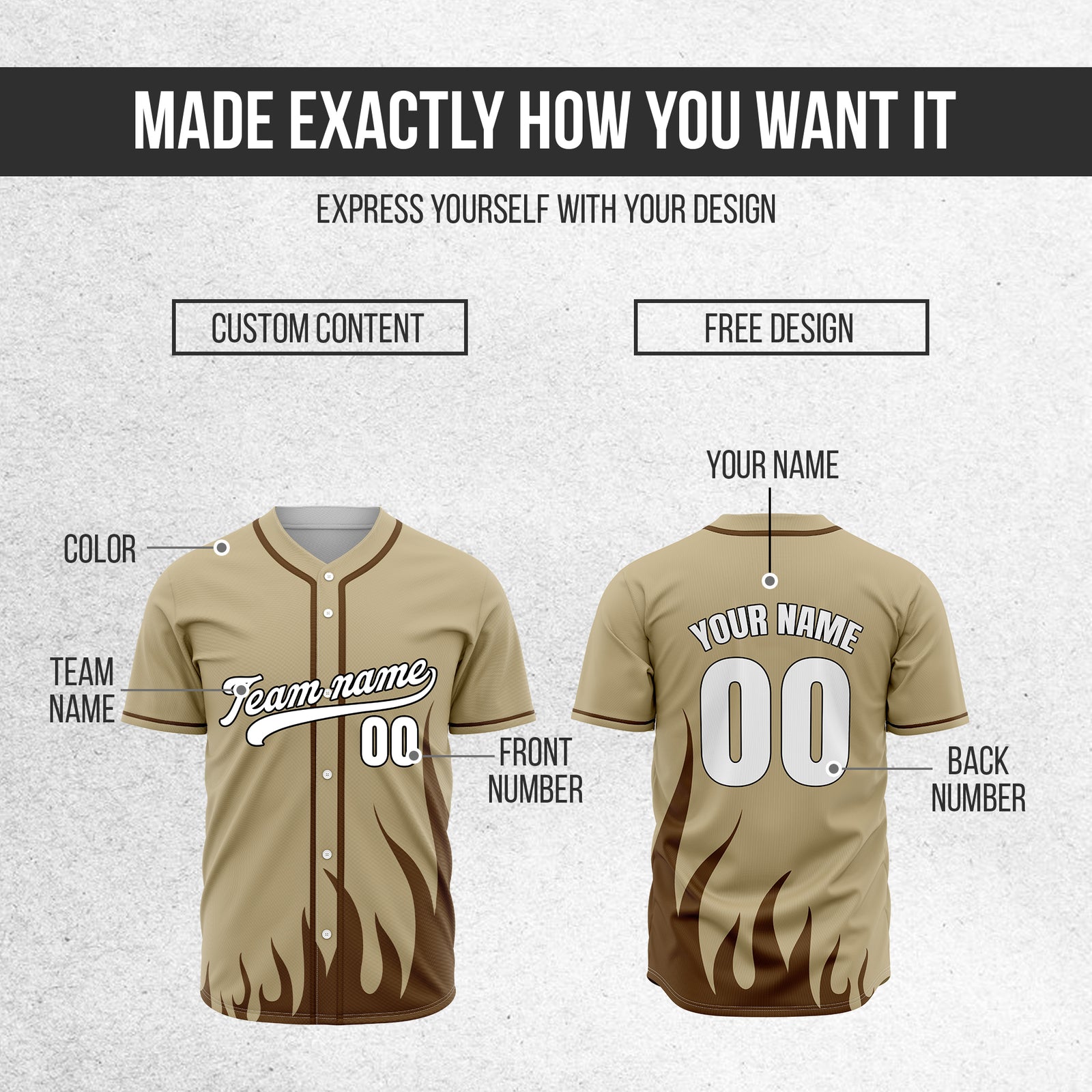 Custom Fire Pulse Khaki Baseball Sports Jersey Personalized Uniform with Name & Number