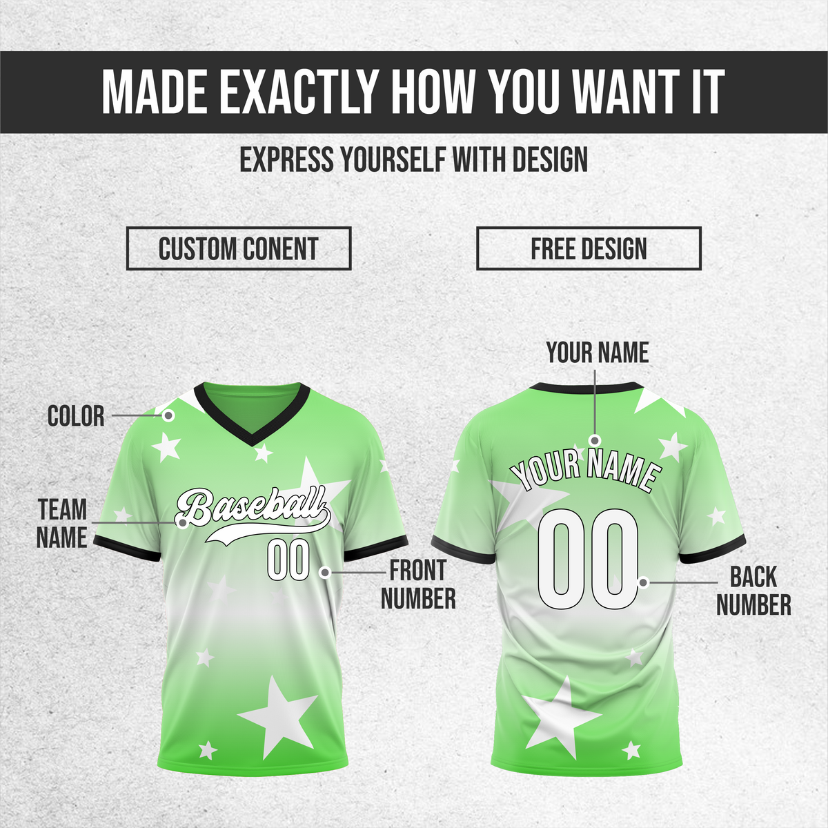Custom Starfall Gradient Baseball Green Sports Jersey Personalized Uniform with Name & Number