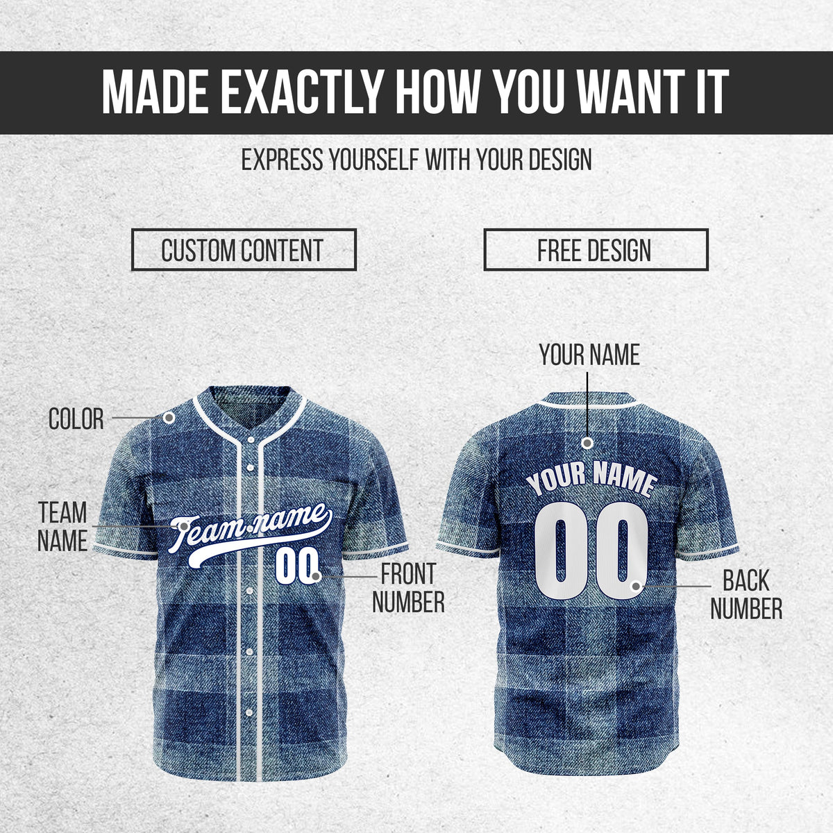 Custom Deep Indigo Denim Baseball Sports Jersey Personalized Uniform with Name & Number