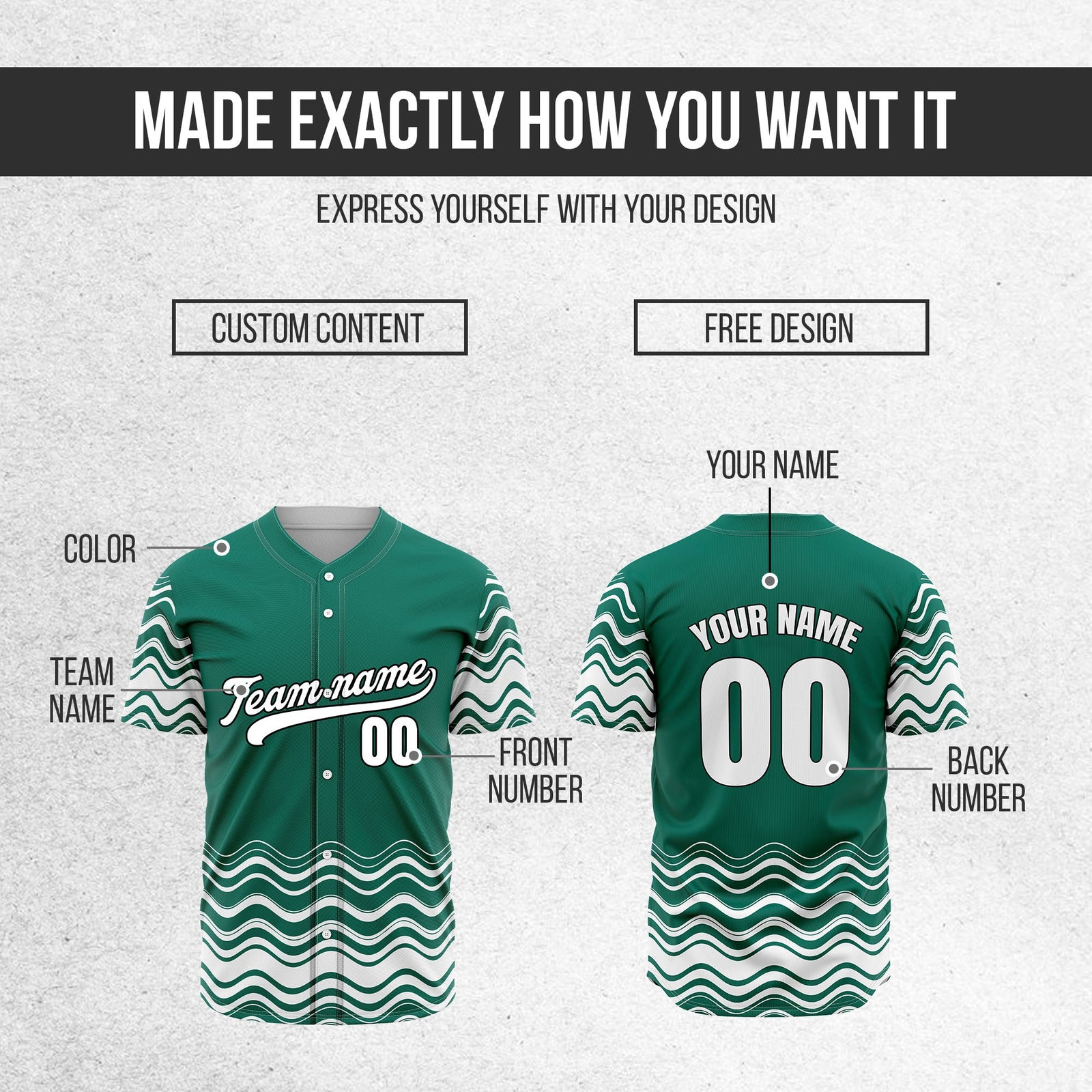 Custom Teal Baseball Wave Sports Jersey Personalized Uniform with Name & Number