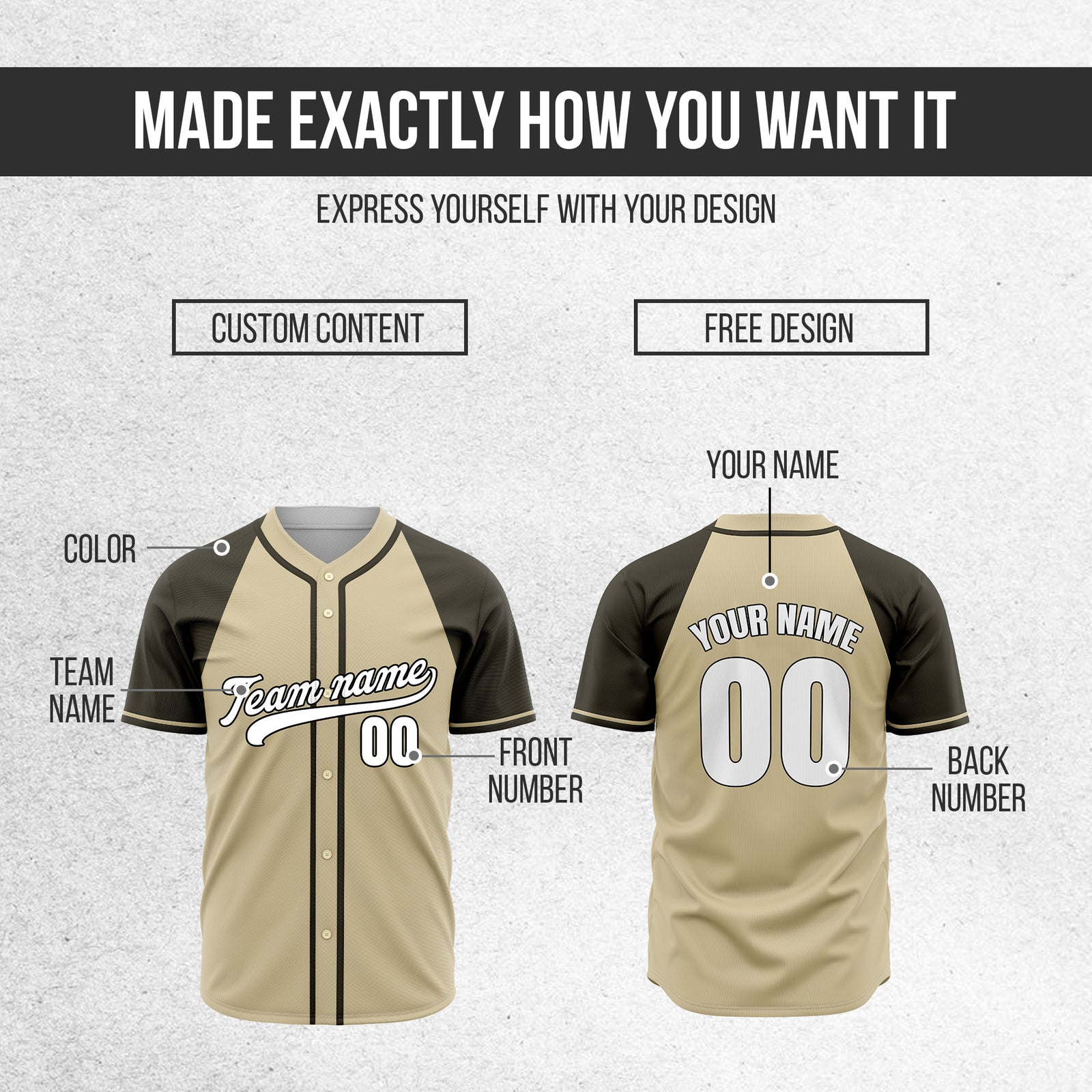 Custom Desert Blaze Khaki Raglan Style Baseball Sports Jersey Personalized Uniform with Name & Number