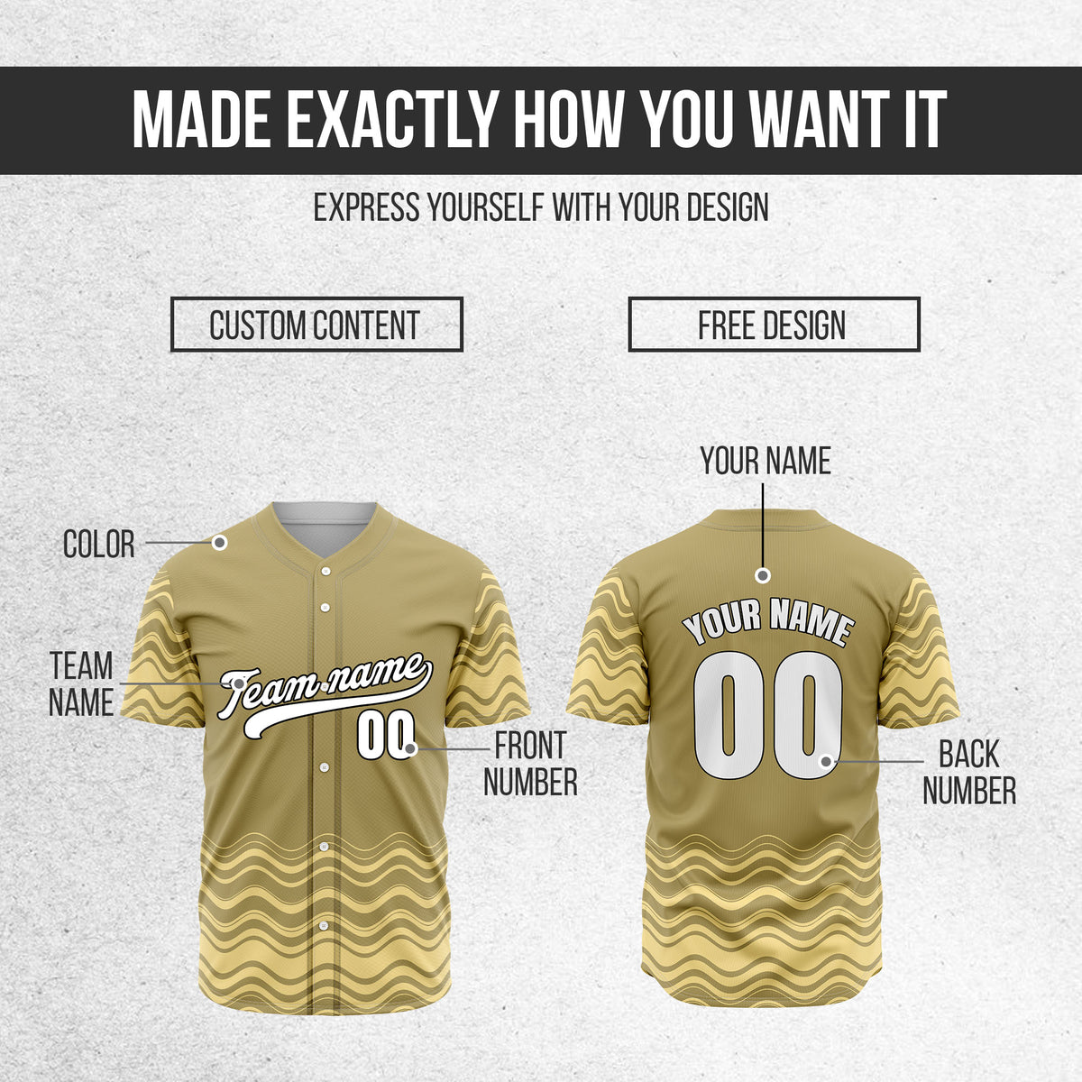 Custom Wave Khaki Baseball Sports Jerseys Personalized Uniform with Name & Number